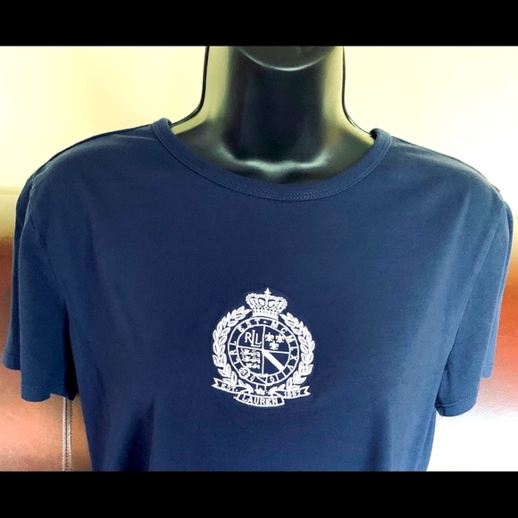 Ralph Lauren woman top navy blue cotton Crew neck white logo crest half sleeve L - Picture 5 of 11